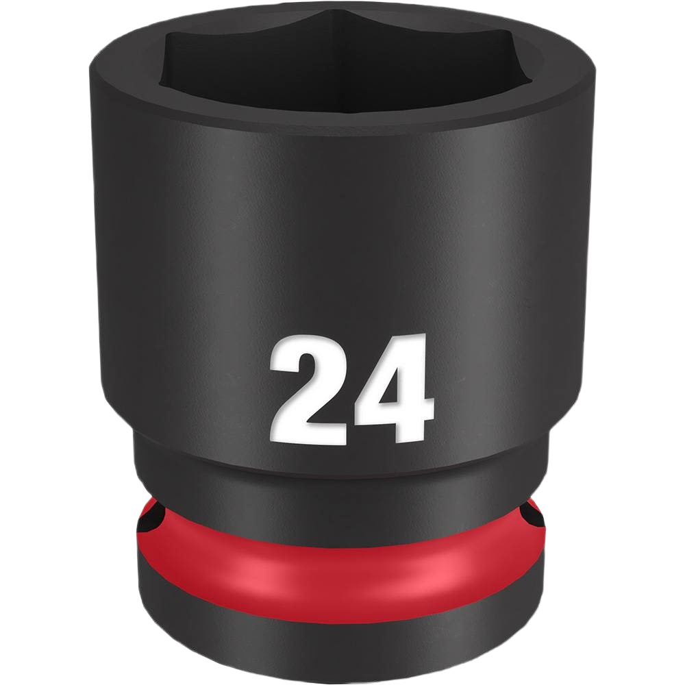 Black 24-mm impact socket with six-point design and red ring for use with power tools in home improvement tasks