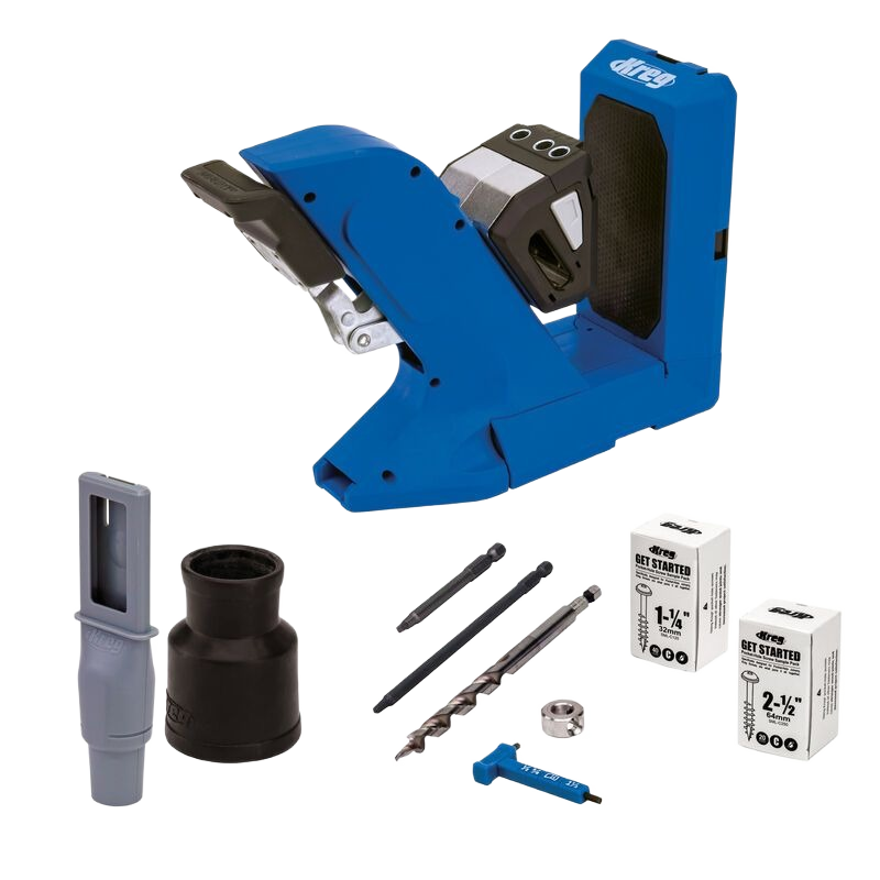 Blue and black pocket-hole jig with drill bits, screws, and accessories for woodworking tools and home improvement projects
