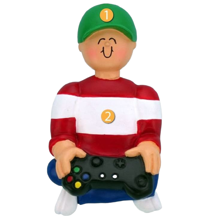 Figurine ornament of smiling male wearing green cap and red striped shirt holding video game controller Christmas decoration under $50