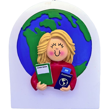 Blonde female traveler figurine holding guide book and passport in front of globe from Christmas Ornaments collection