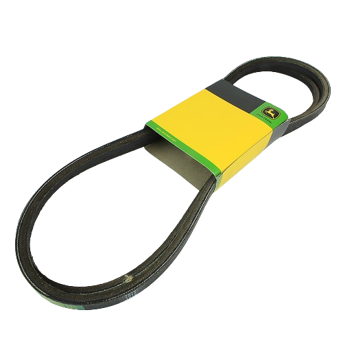 Black rubber V-belt with yellow and green John Deere branded sleeve for outdoor equipment maintenance and repair