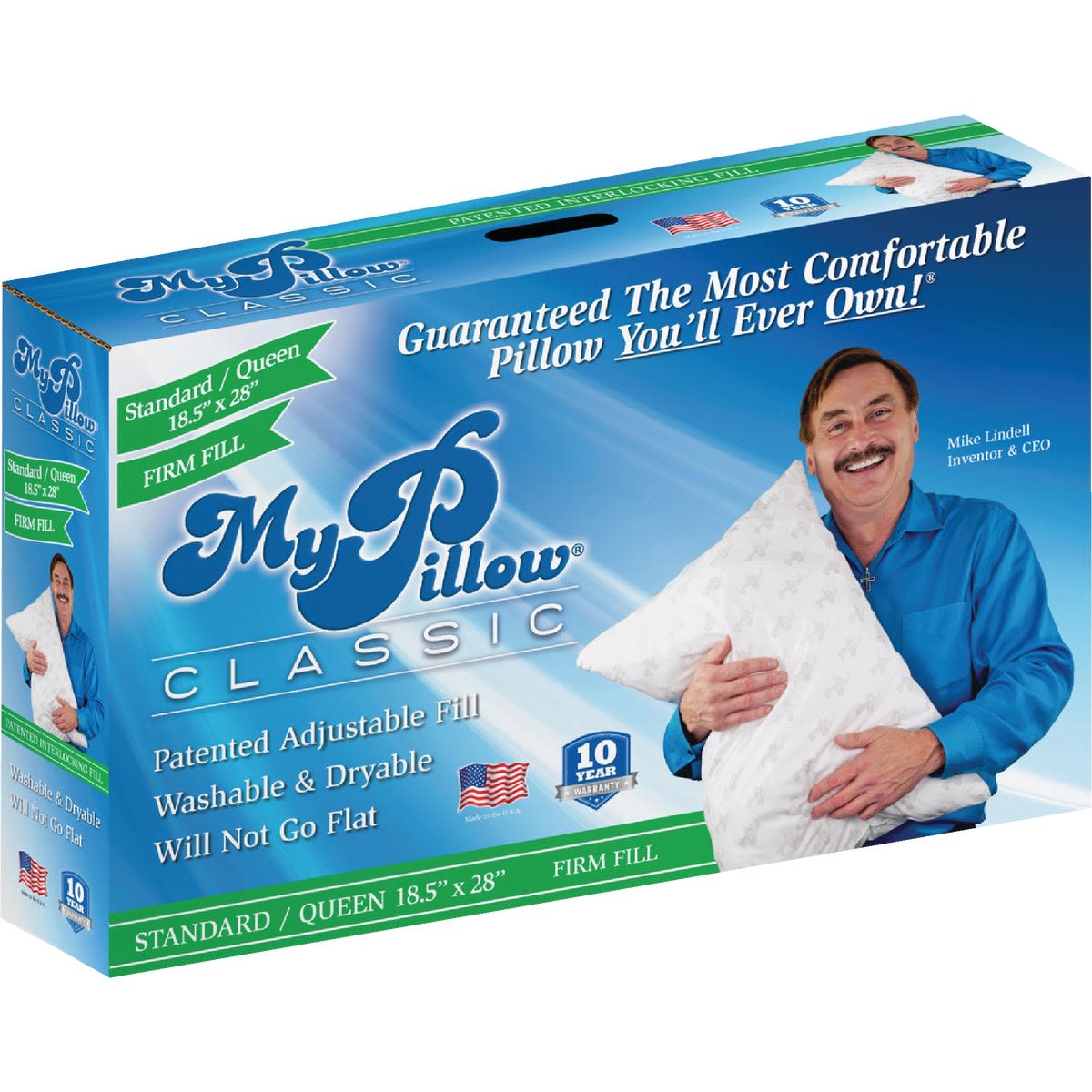 Blue boxed My Pillow Classic Standard/Queen firm fill pillow with inventor holding the product for home comfort
