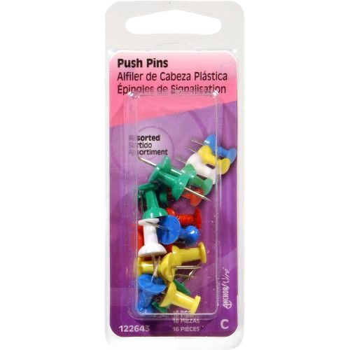 Assorted colored plastic push pins with metal tips in clear packaging for home improvement and office use