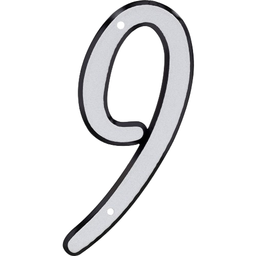 Reflective silver number 9 with black border and mounting holes for outdoor house address display