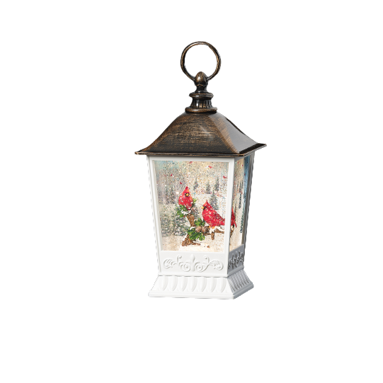 Rustic white lantern decoration with swirling snow globe featuring two red cardinals for indoor Christmas decor under $100