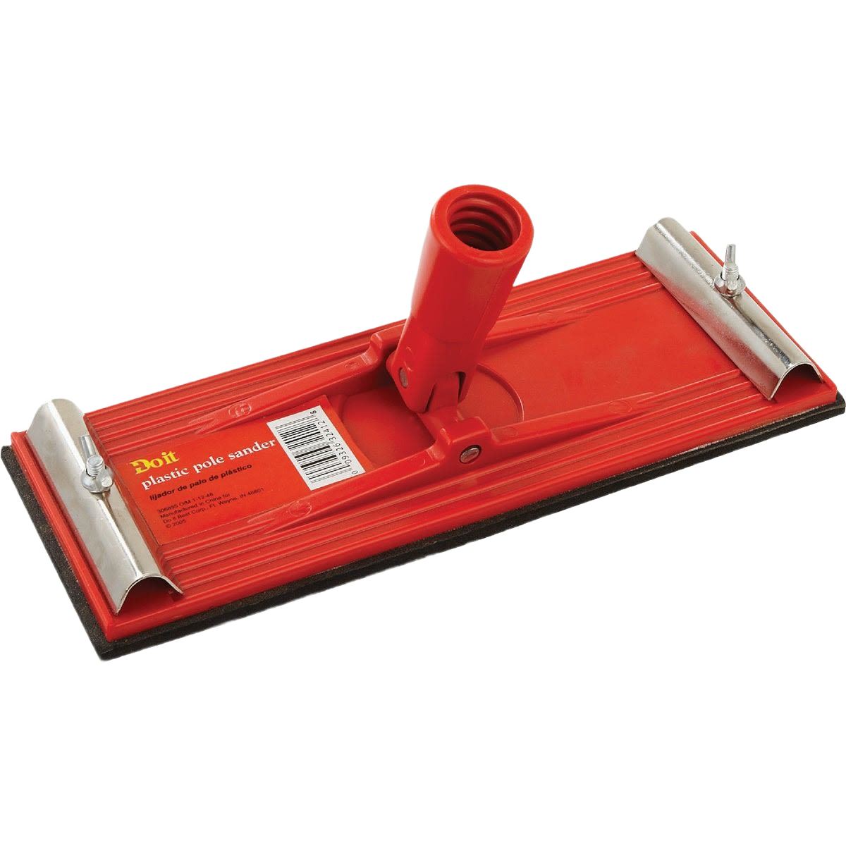 Red plastic pole sander head with metal clamps for sanding in paint and home improvement tool collections