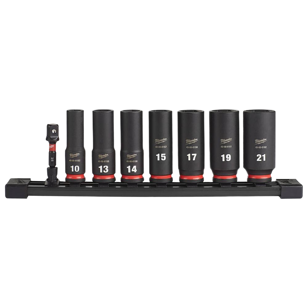 Set of eight black impact sockets with 3/8" drive, metric sizes, and holder, ideal for woodworking and home improvement tools.