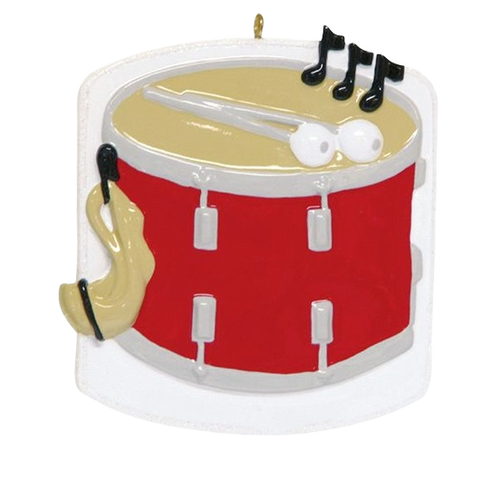 Red snare drum ornament with mallets, music notes, and saxophone detail from Christmas Ornaments & Tree Decorations collection