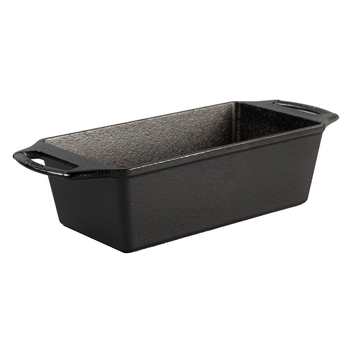 Black cast iron loaf pan with handles, designed for even heat and durability in kitchenware collections.