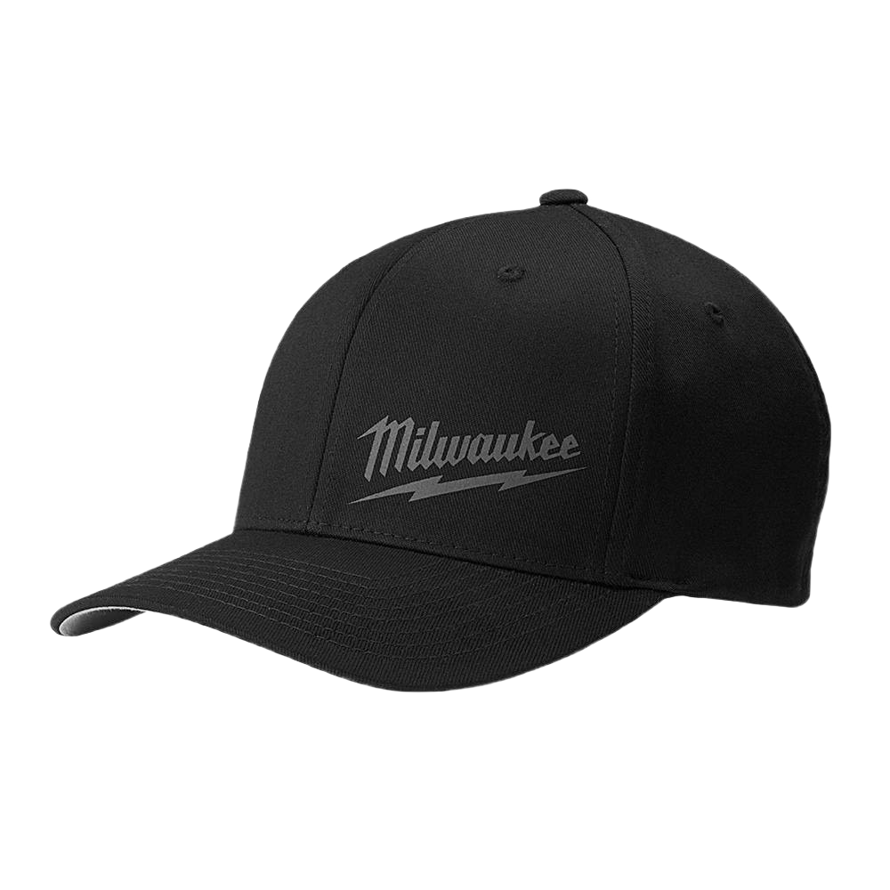 Black fitted cap with curved bill featuring subtle Milwaukee logo for clothing and Milwaukee Apparel collections under $50