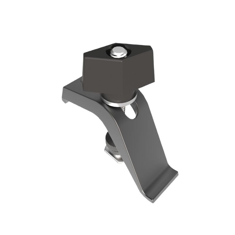 Black and silver metal track clamp with ergonomic knob for securing saw accessories in tool collections