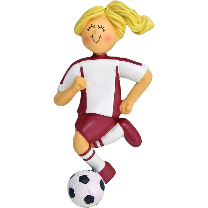 Blonde female soccer player ornament in red and white uniform with ball for Christmas Ornaments & Tree Decorations under $50 collection
