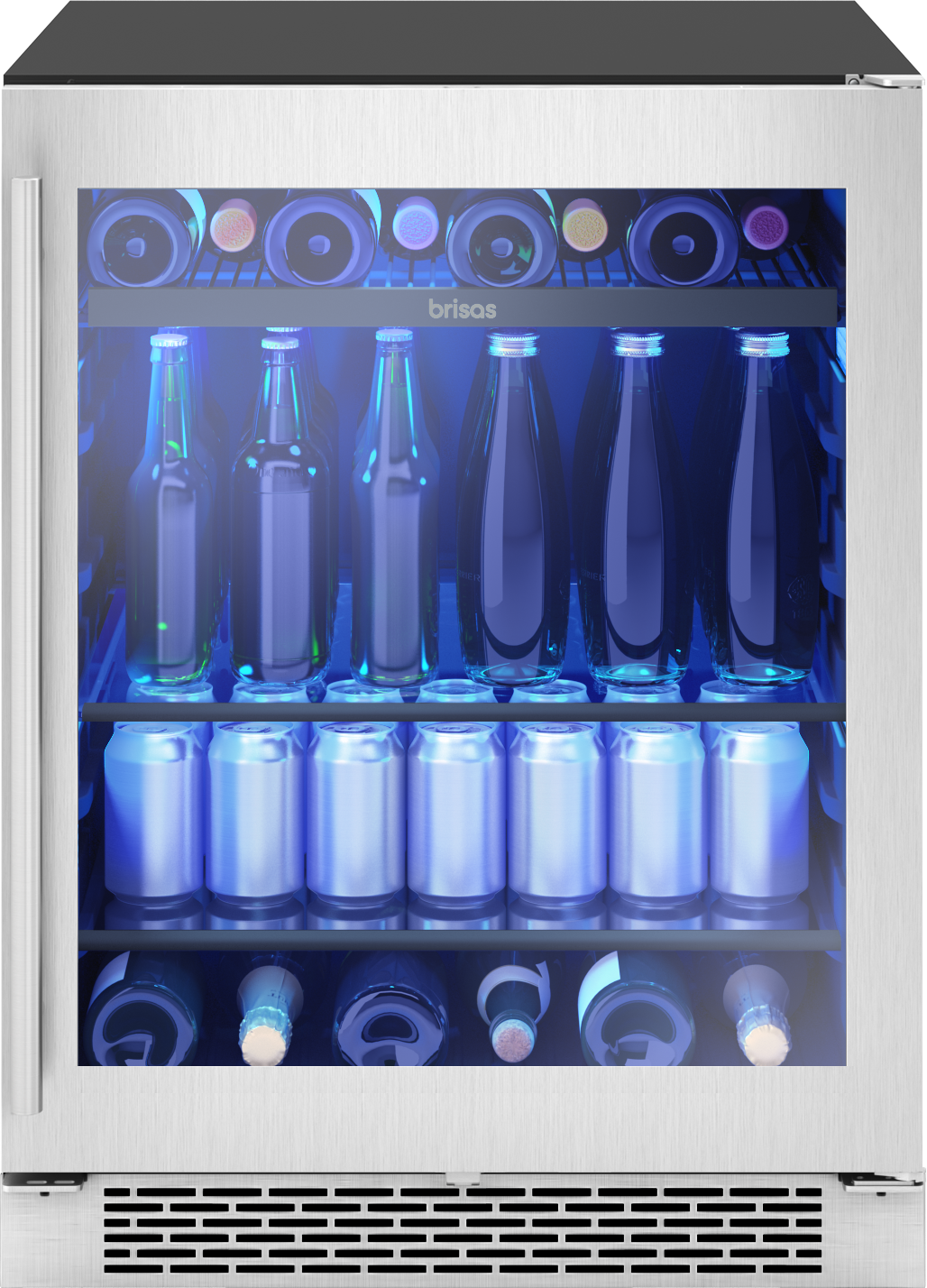 Undercounter beverage cooler with stainless steel frame and glass door, blue interior LED lighting, shelving holding bottles and cans, suitable for kitchen and beverage centers.