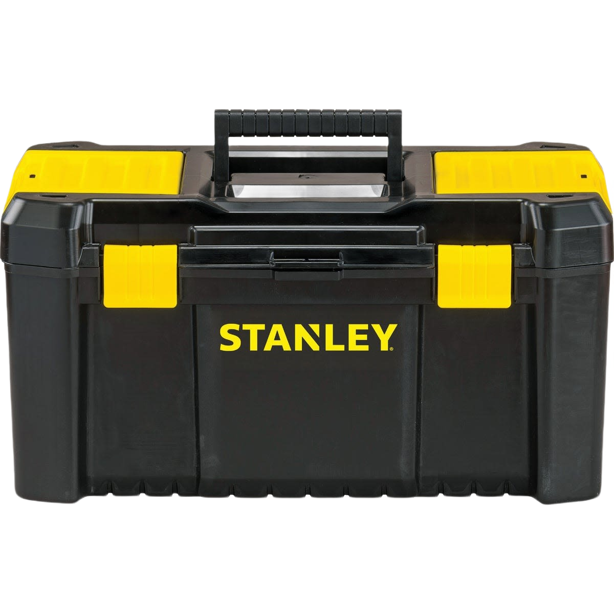 Black and yellow durable plastic toolbox with handle and secure latches for tool storage and organization under $50