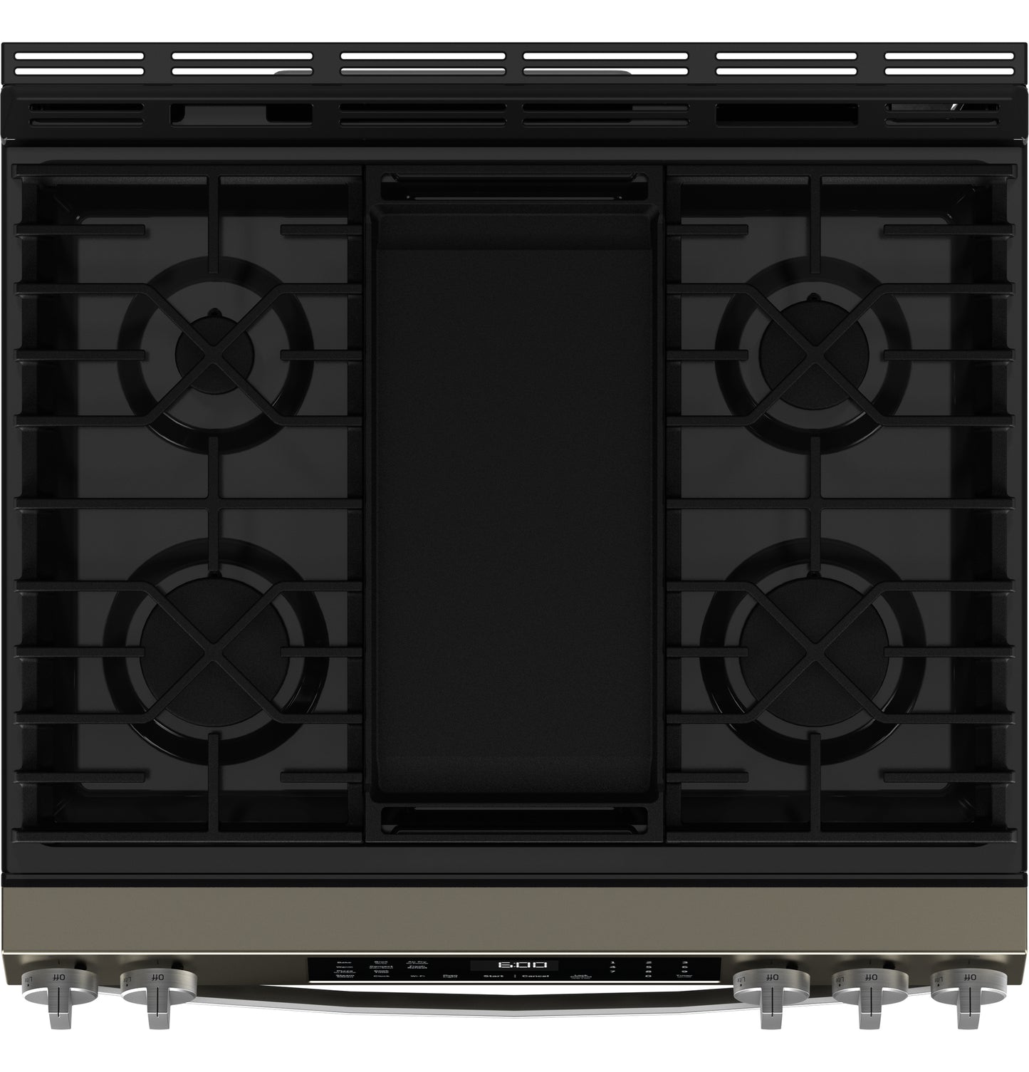 Front-control gas range with four burners and central griddle in kitchen appliances and gas ranges collection