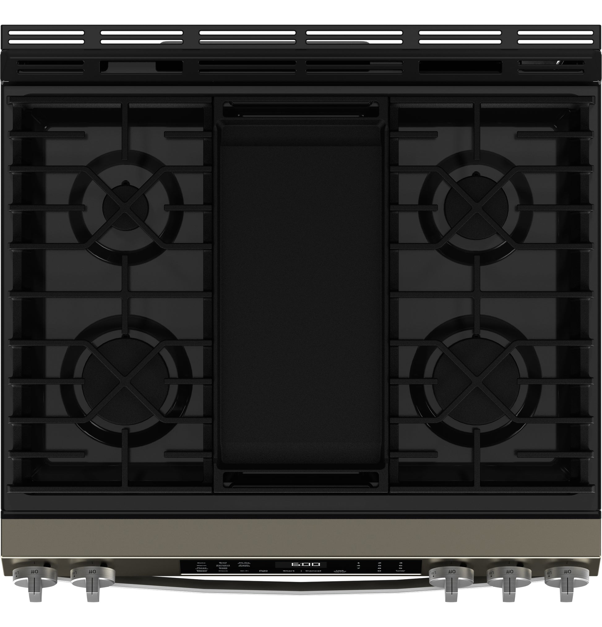 Front-control gas range with four burners and central griddle in kitchen appliances and gas ranges collection