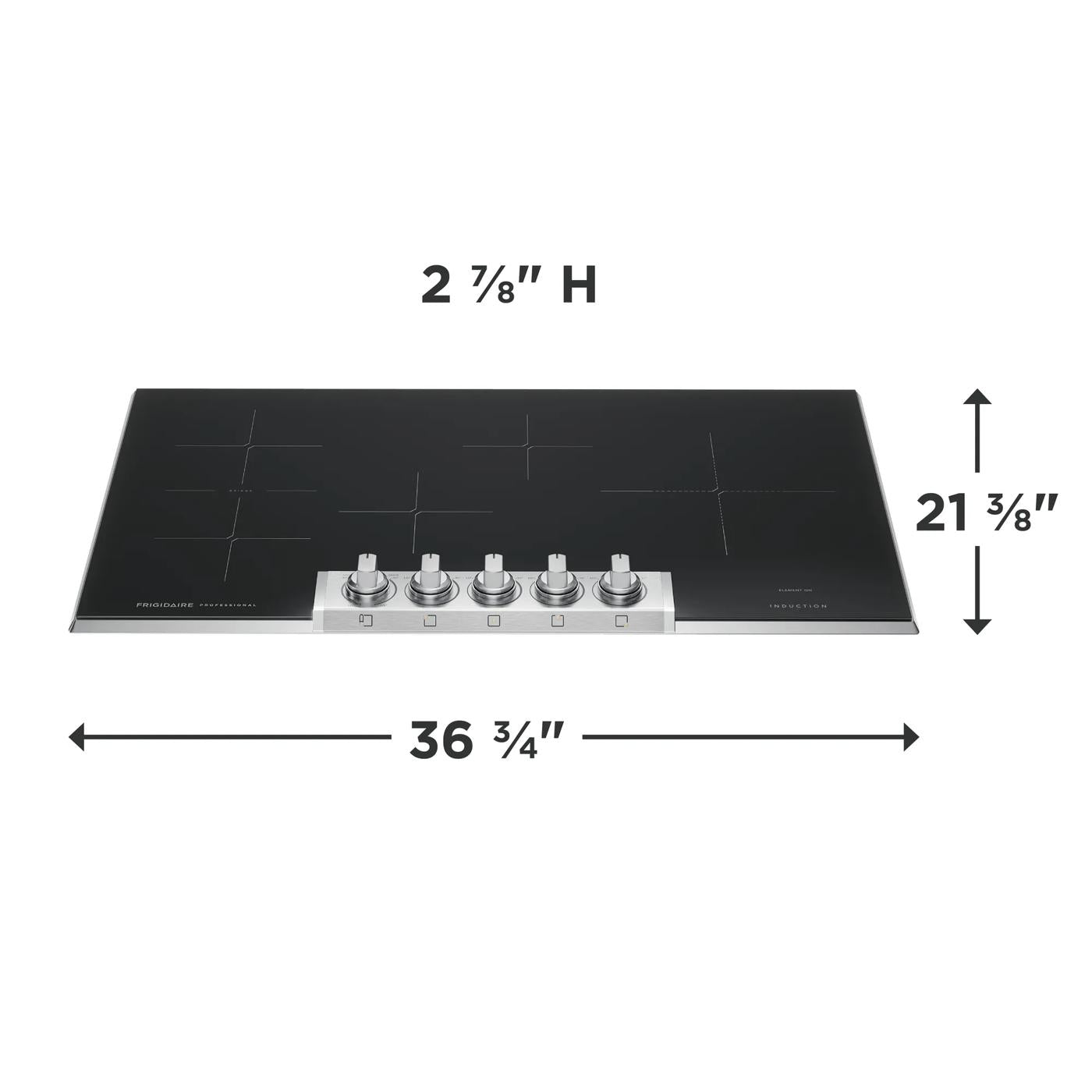 Black induction cooktop with five control knobs and outlined cooking zones, shown with height and width dimensions