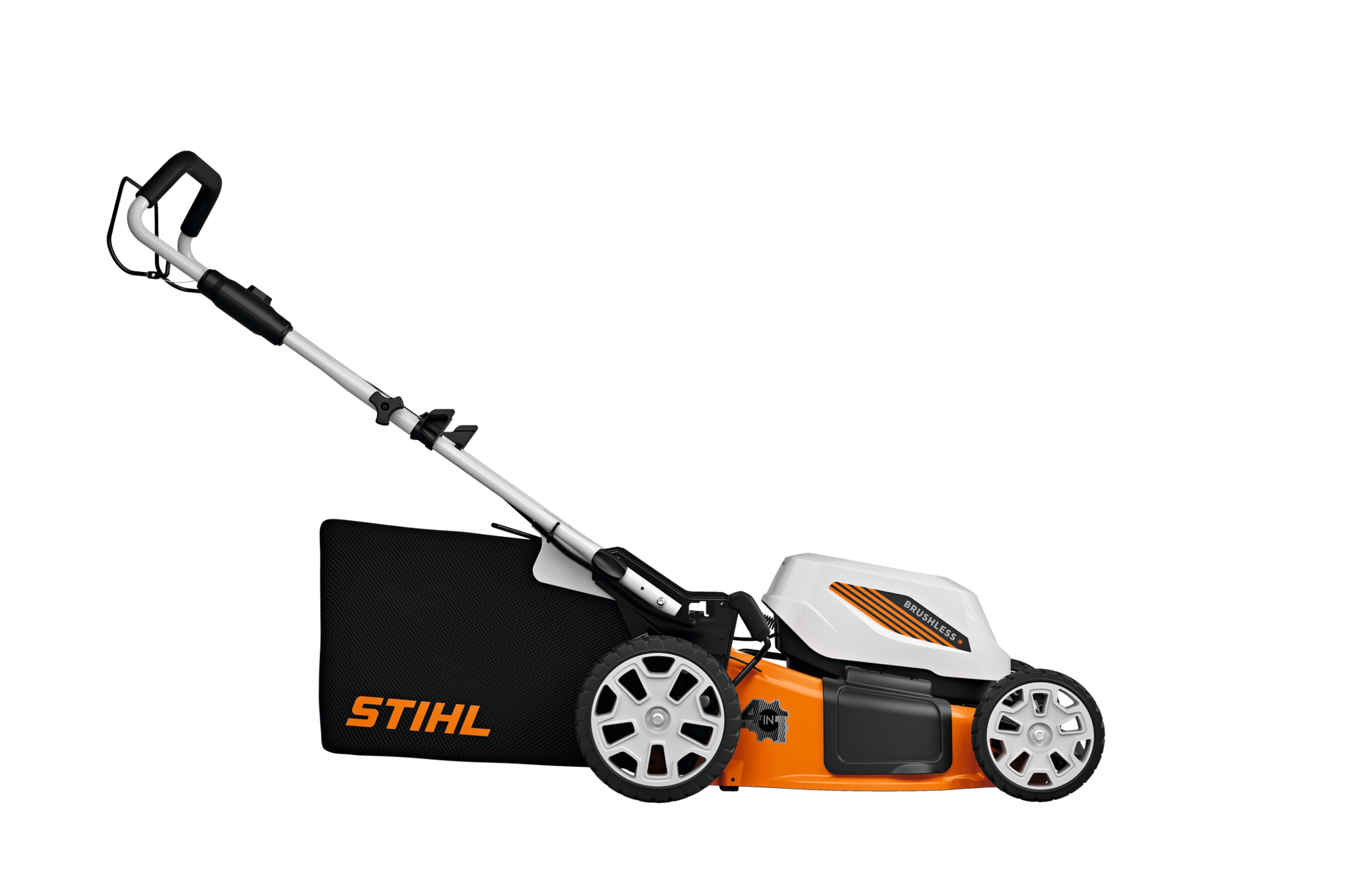 Orange and white battery-powered lawn mower with black grass catcher bag, ergonomic handle, and steel cutting deck for outdoor lawn care.