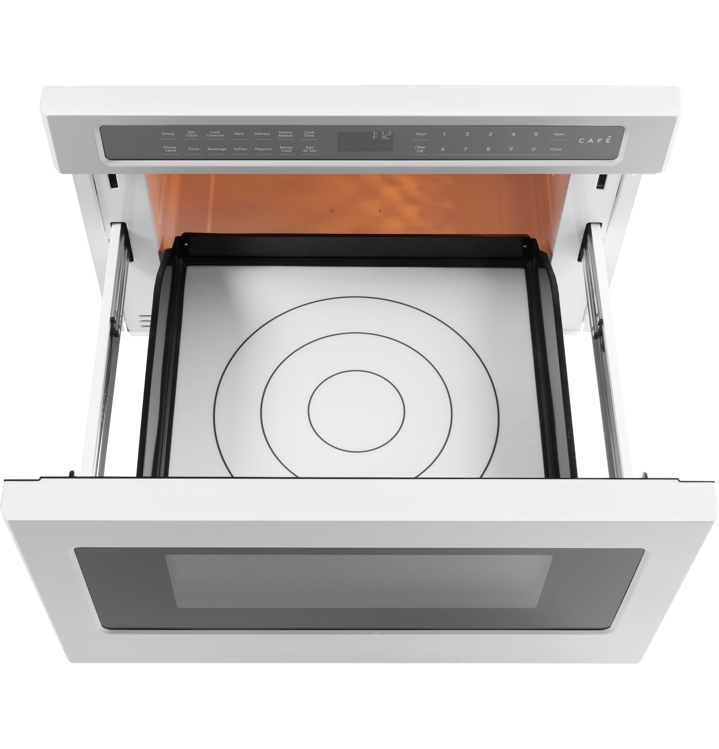 Open built-in microwave drawer oven with white finish, digital control panel, and spacious interior for kitchen appliance collections