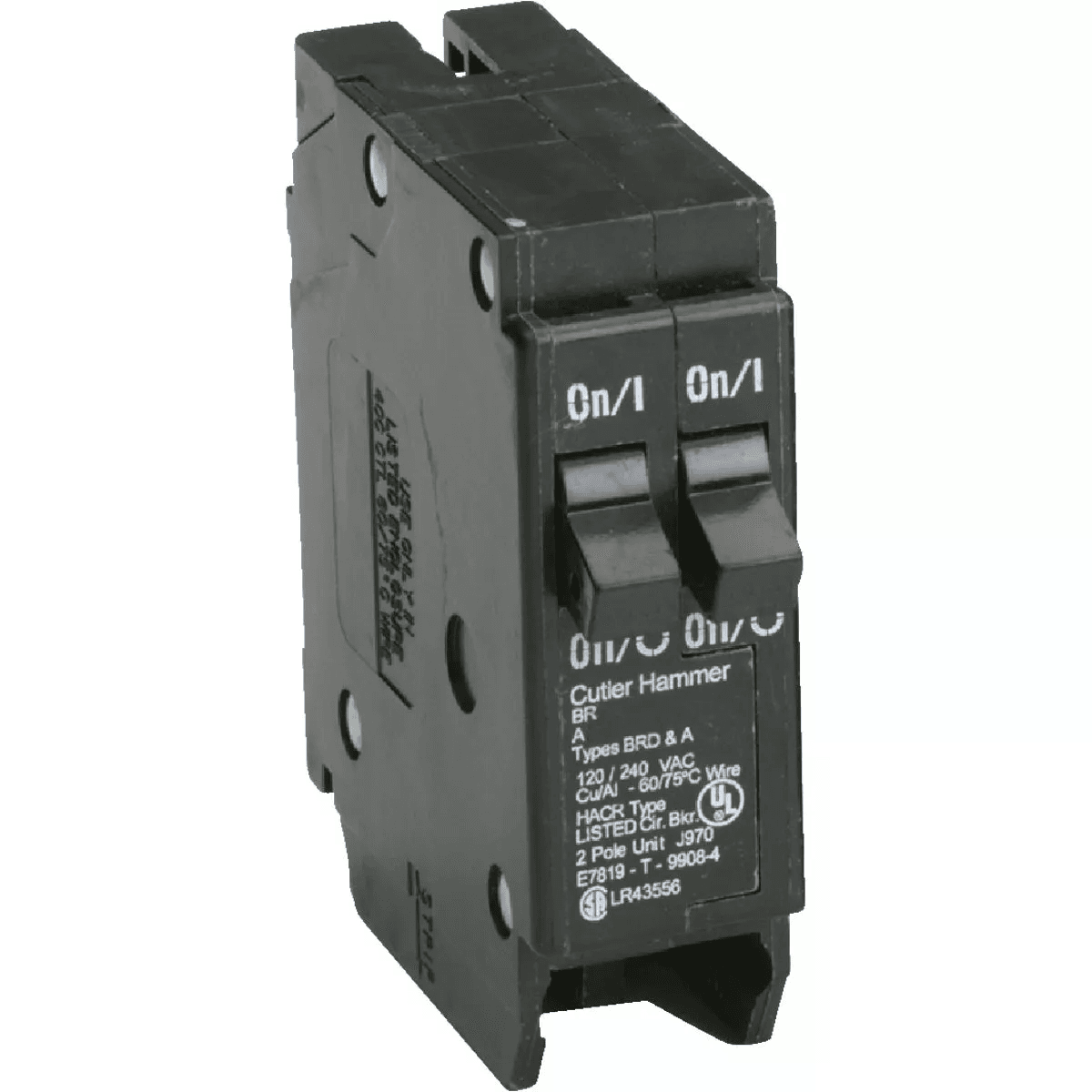 Black double-pole circuit breaker switch with dual toggle controls for electrical safety in home improvement projects