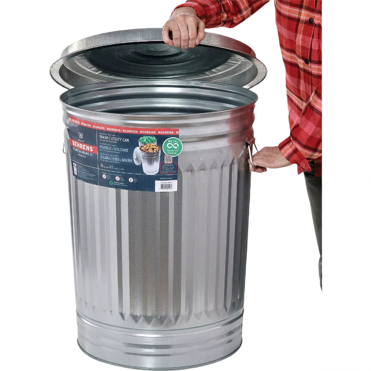 31 gal. galvanized steel garbage can with reinforced rim, corrugated sides, and large handles in waste baskets collection