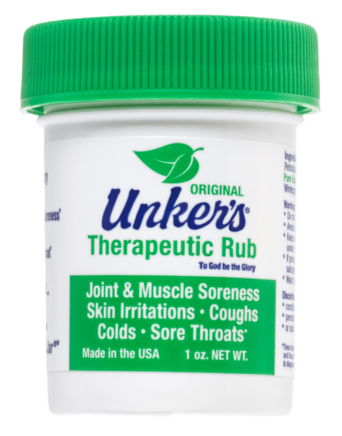 Small white jar of therapeutic rub with green lid for joint pain, muscle soreness, and skin irritation in Health & Beauty collection