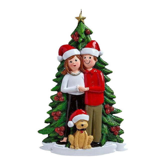 Festive couple and dog figurine wearing Santa hats in front of decorated Christmas tree ornament for holiday decor collection
