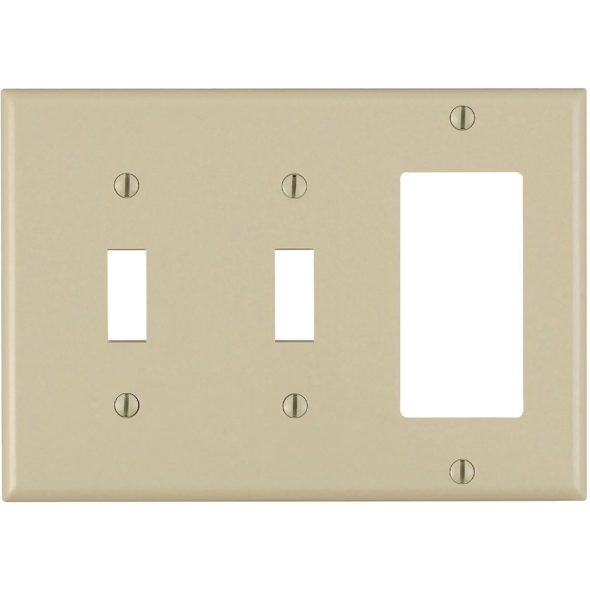 Ivory thermoset wall plate with two toggle switch openings and one rocker opening for home improvement projects