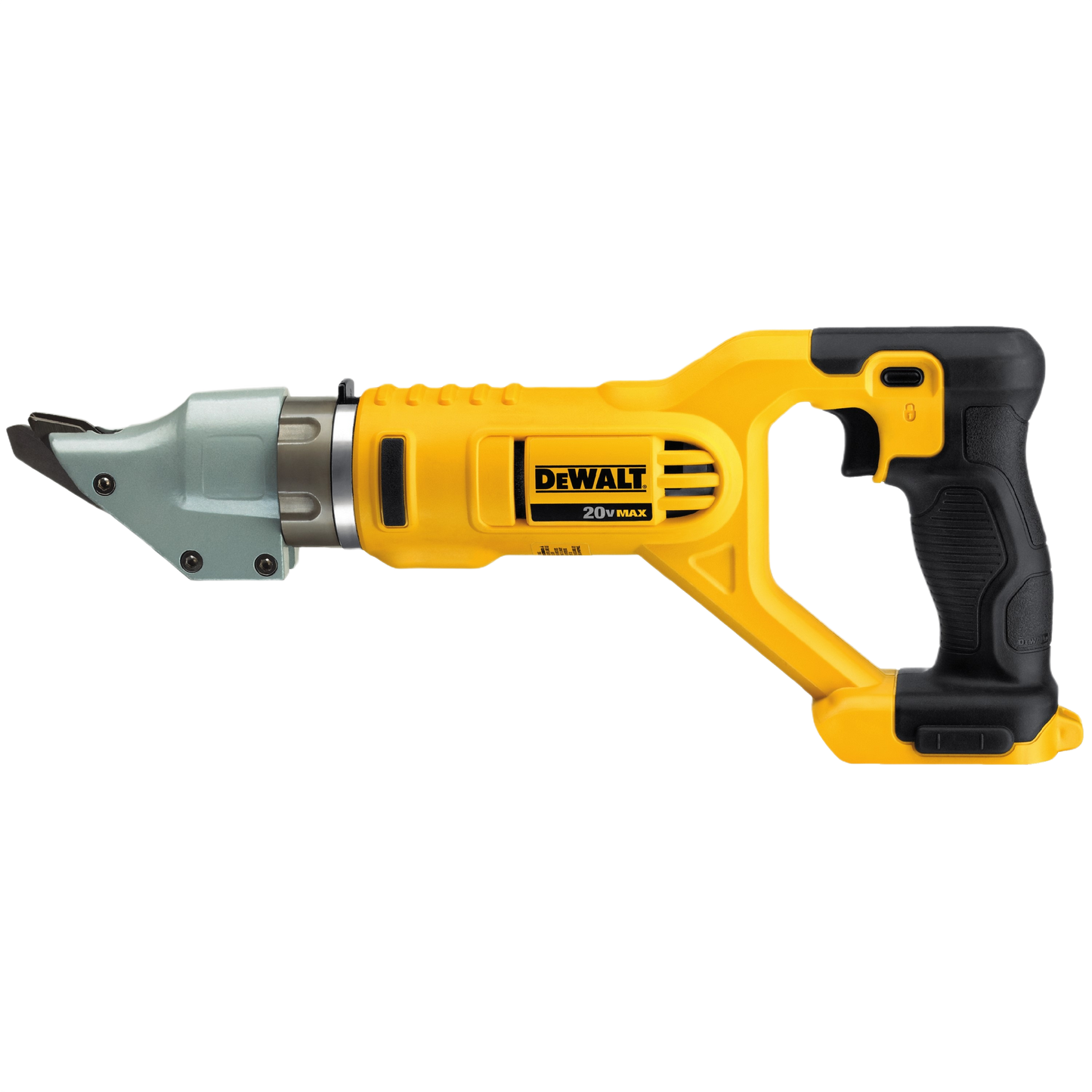 Cordless yellow and black metal shear with swivel head for cutting metal in tools and home improvement projects