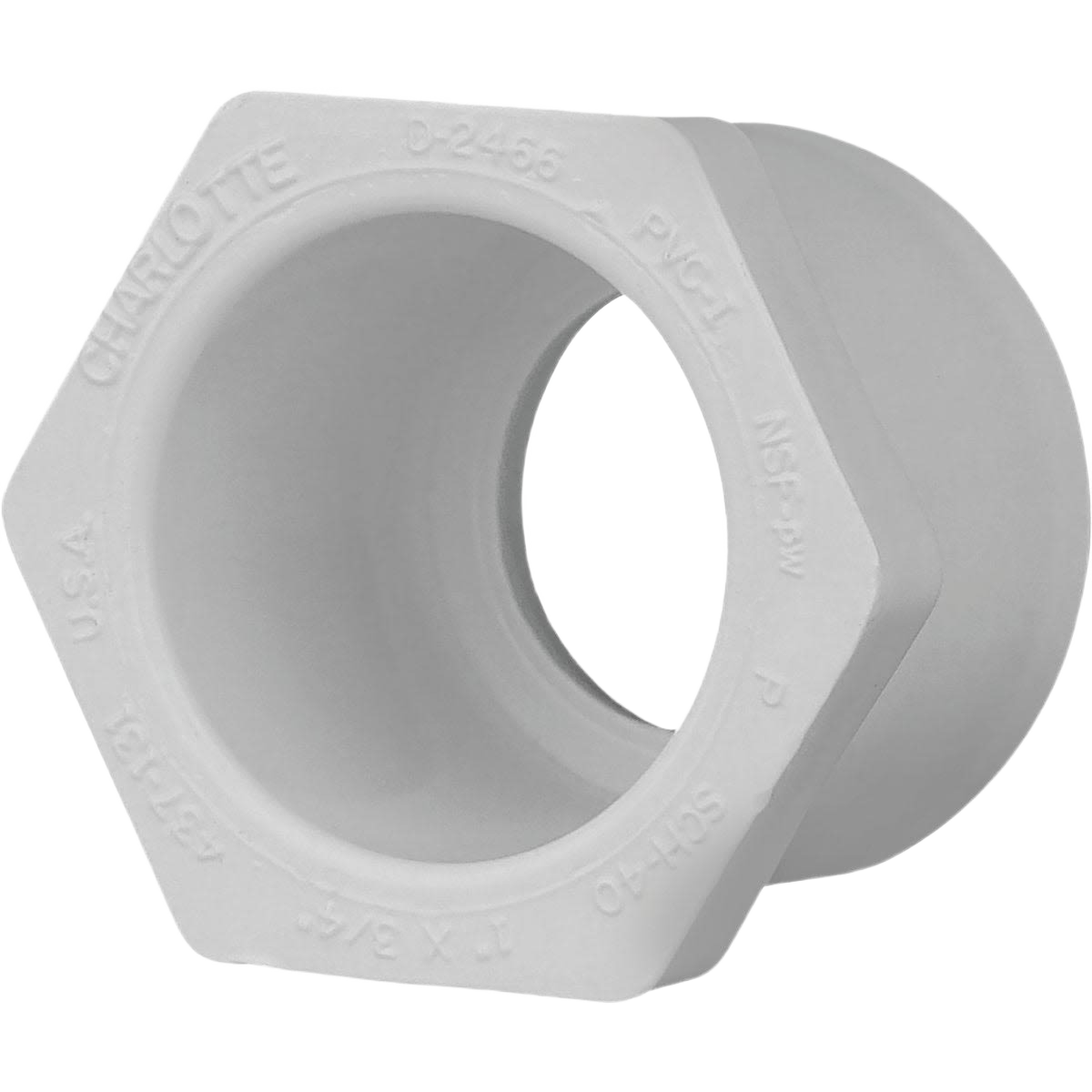 White PVC slip bushing adapter with hexagonal exterior for reducing pipe sizes in home improvement projects