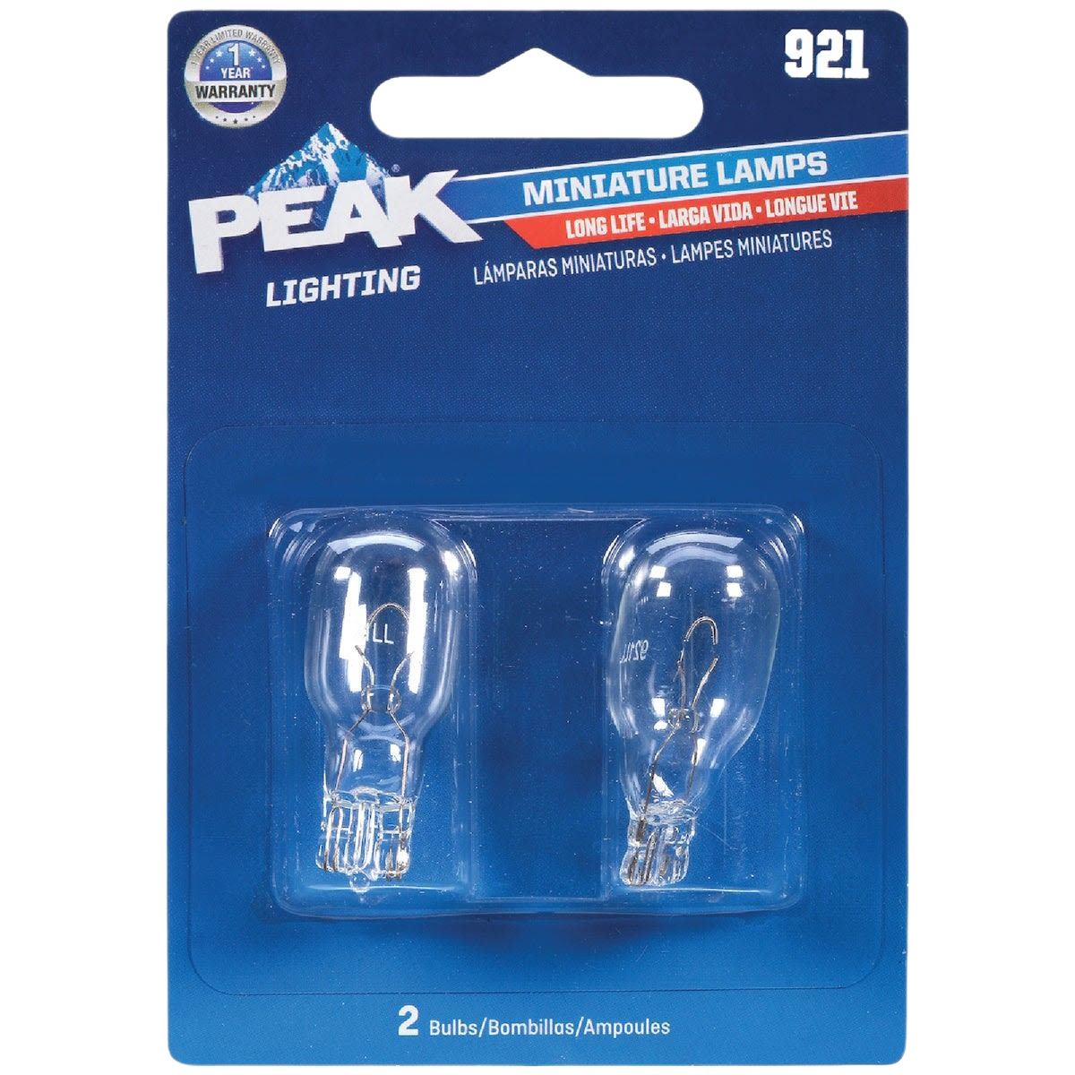 Two clear miniature automotive light bulbs in blue PEAK Lighting packaging with warranty badge under $50