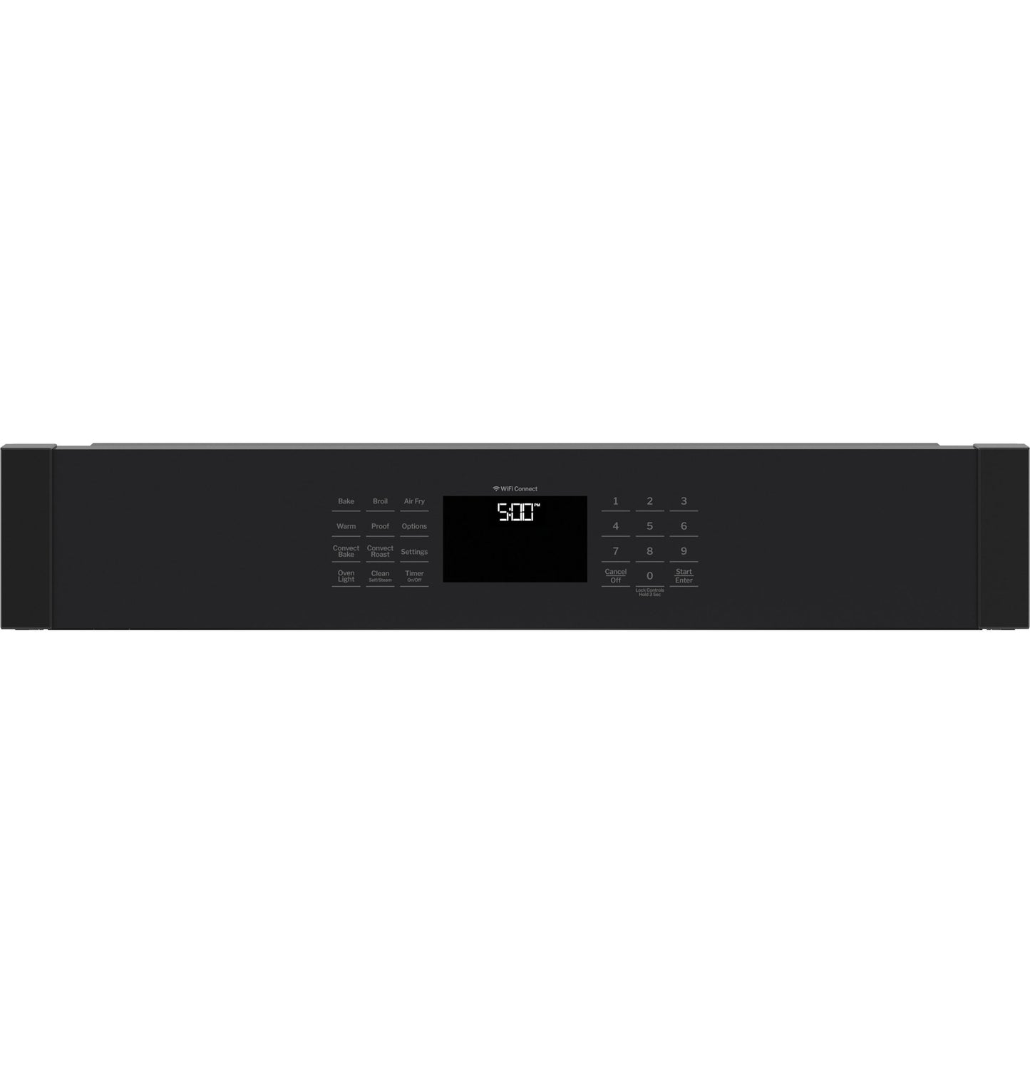 Black digital control panel with touch buttons and LED display for smart built-in single wall oven from kitchen appliances collection