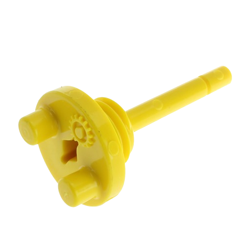 Yellow plastic dipstick with gear-like detail designed for tractor maintenance and home improvement tools use