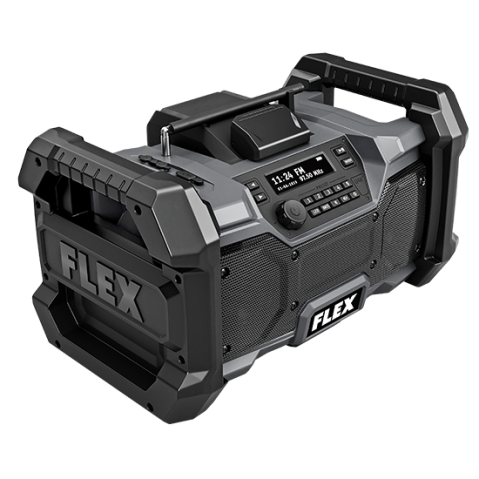 Robust black and gray FLEX jobsite radio with dual front speakers, digital display, control buttons, antenna, and reinforced handles, part of tool accessories for home improvement at Hartville Hardware.