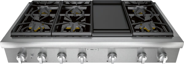 48-inch stainless steel gas rangetop with six burners, central griddle, and continuous cast iron grates from Cooktops collection