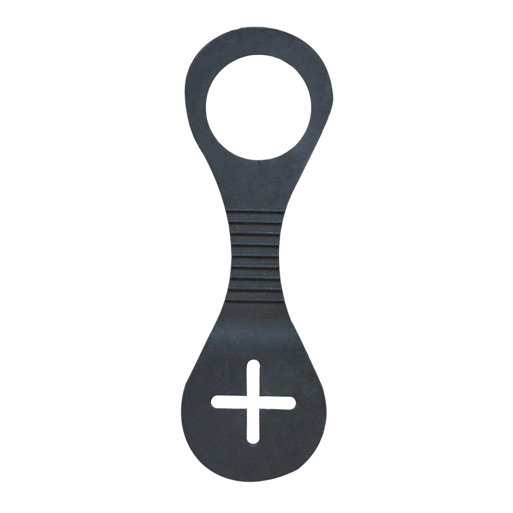 Black flexible plastic pet waste bag carrier with circular handle and cross-shaped dispensing opening