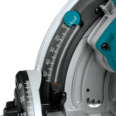 Close-up of plunge circular saw angle adjustment gauge and depth control lever for precise cutting in home improvement projects