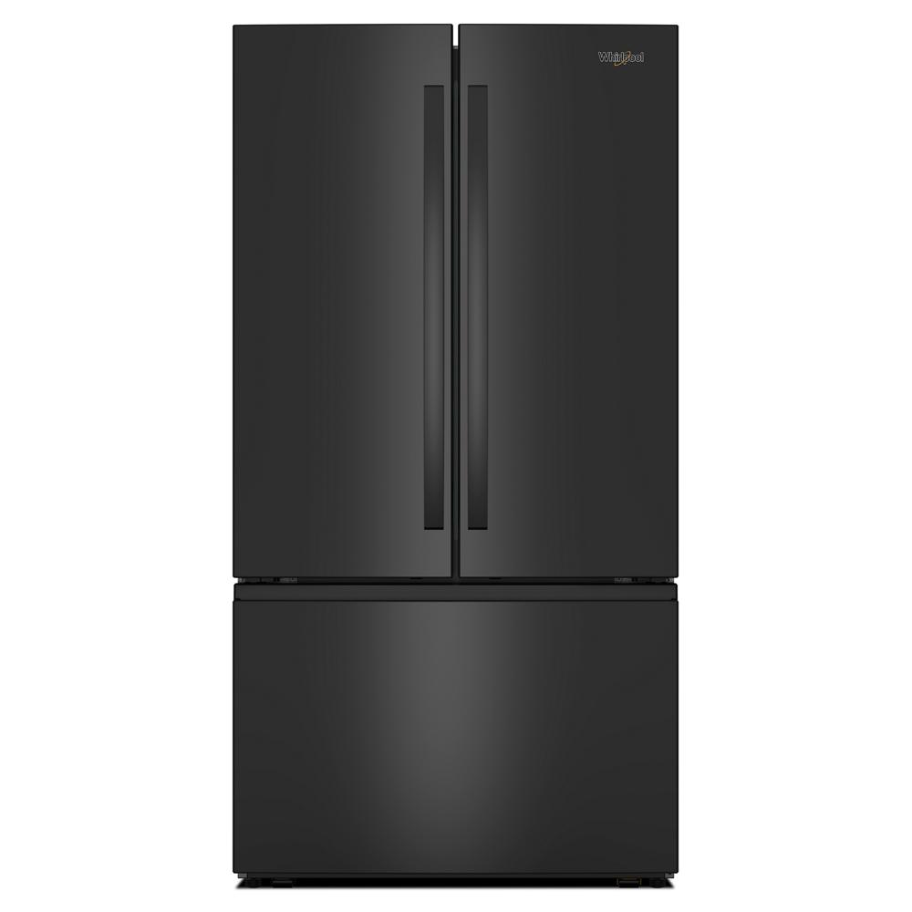 36-inch black French door refrigerator with bottom freezer drawer and sleek vertical handles in appliances collection