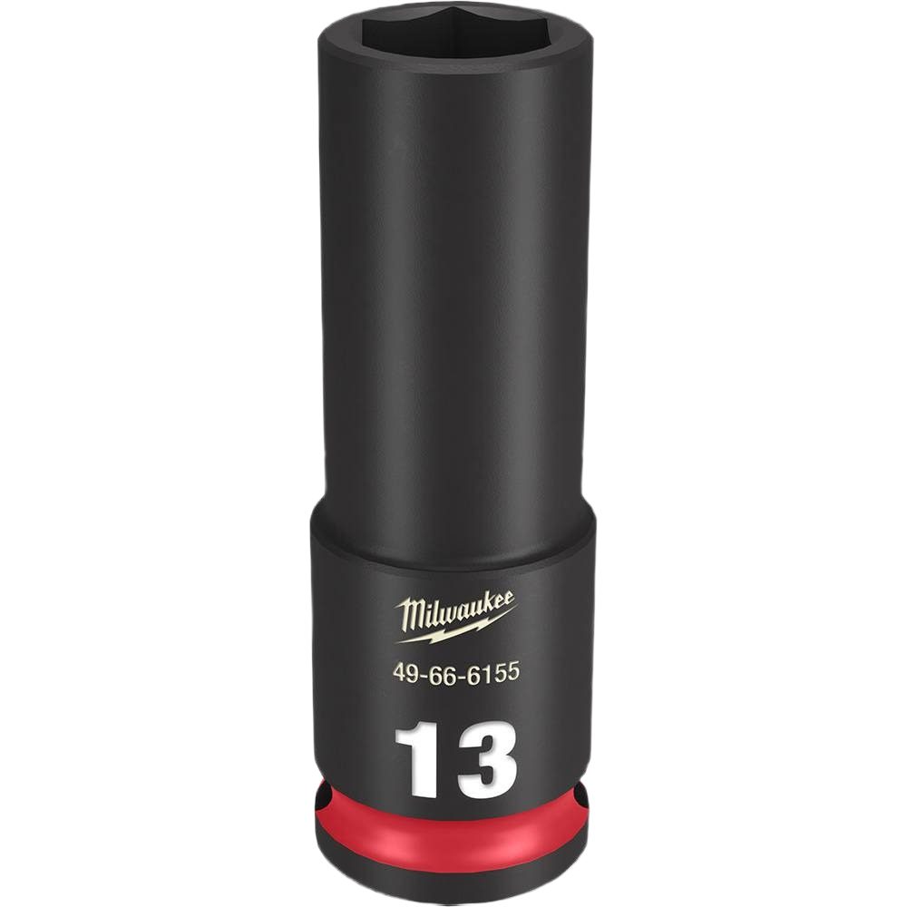 Black 13mm deep impact socket with 6 point design and red accent, part of Milwaukee hand tools collection under $50