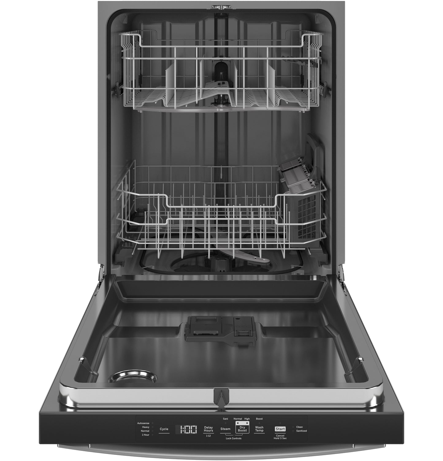 Open stainless steel built-in dishwasher with dual racks and visible control panel from kitchen appliances collection
