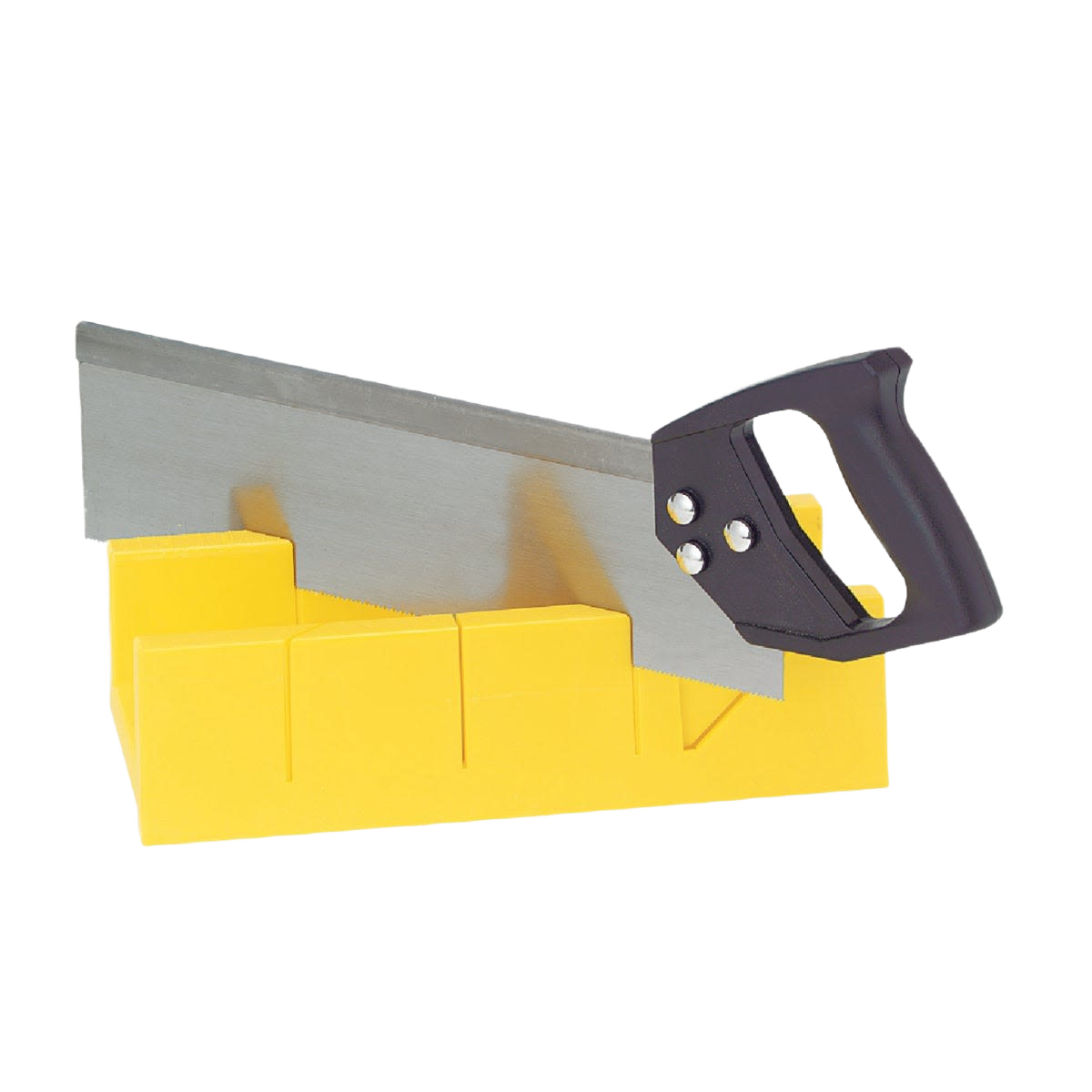 Yellow plastic miter box with 14-inch saw featuring ergonomic handle for precise angled cuts in home improvement projects