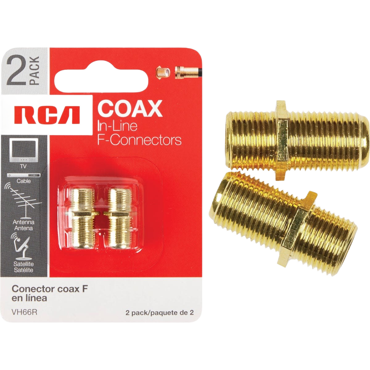 Two-pack of gold-tone coaxial feed-thru connectors for coax cables used in tools and home improvement tasks