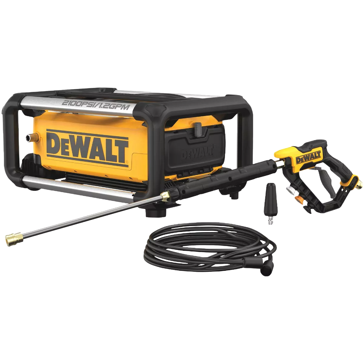 Compact DEWALT cold water electric pressure washer in yellow and black with 2100 psi, 1.2 GPM flow, hose, and spray gun for outdoor power equipment and home improvement tasks.