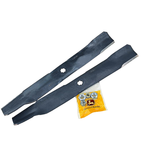 Pair of heavy-duty mower blades with central mounting holes and accompanying bolts for lawn equipment maintenance