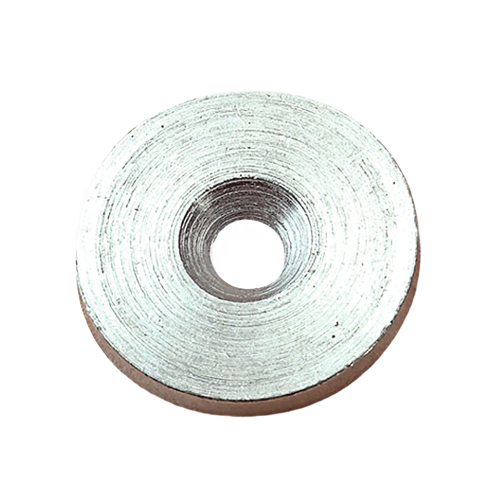 Round steel washer with central hole, designed for securing fasteners in home improvement and tool applications