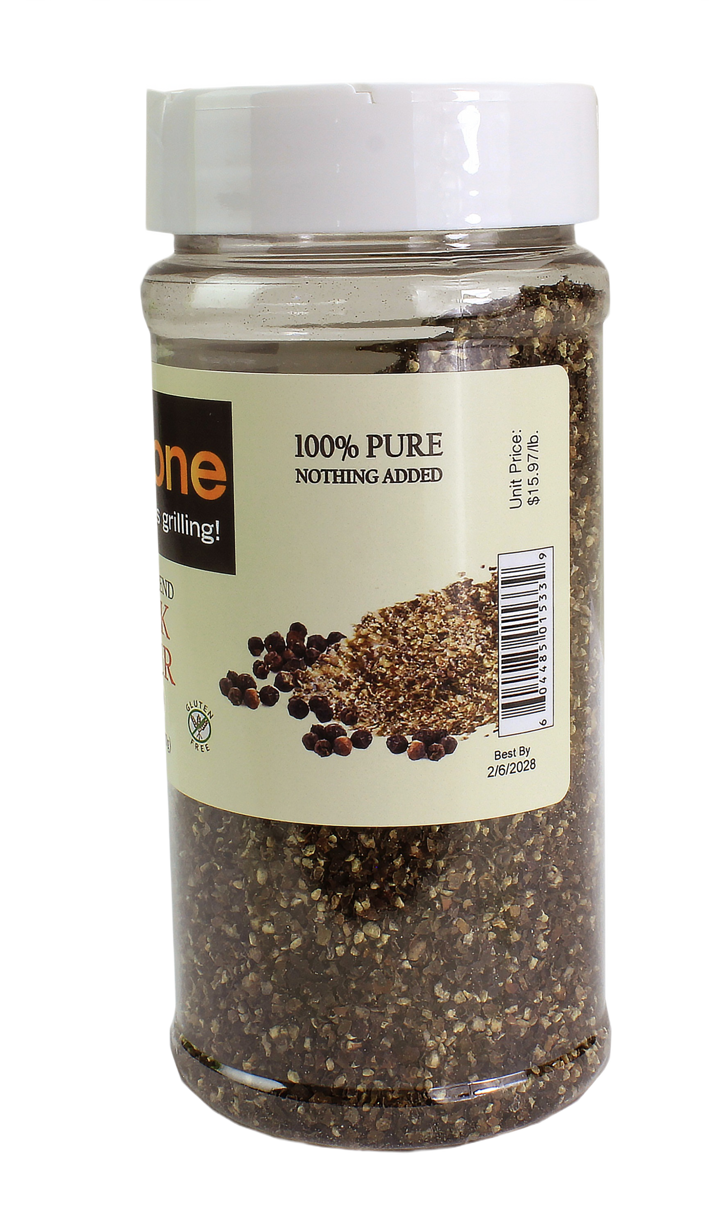Clear plastic jar of coarse black pepper labeled Grill Zone Butcher's Blend in Grilling Sauces & Spices collection