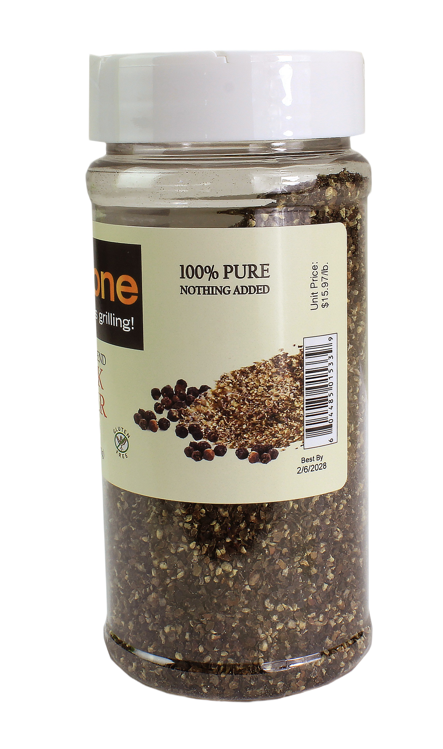 Clear plastic jar of coarse black pepper labeled Grill Zone Butcher's Blend in Grilling Sauces & Spices collection