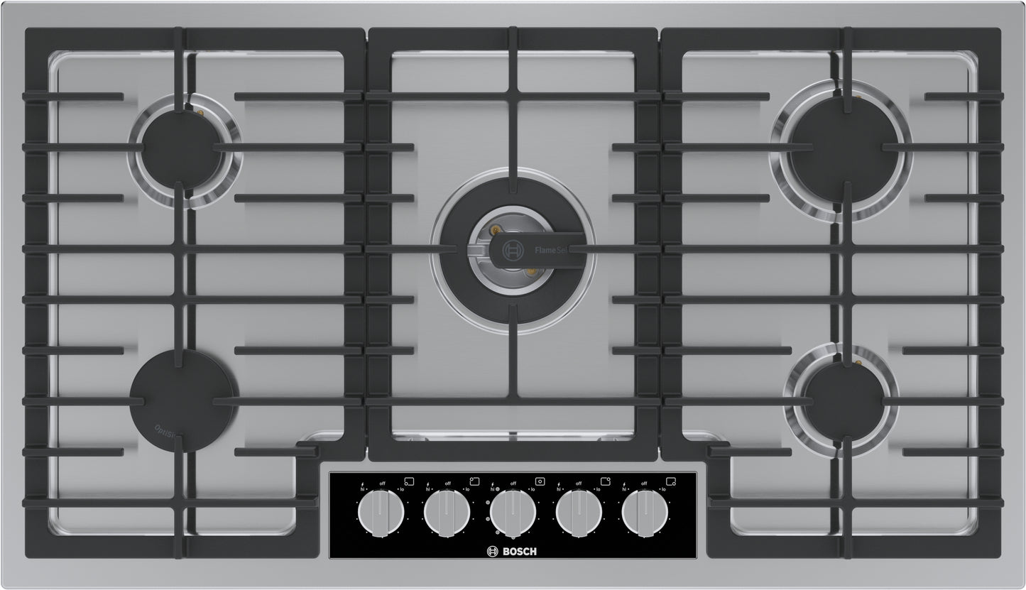 Stainless steel 36-inch gas cooktop with five burners and black cast iron grates from Bosch Appliances collection
