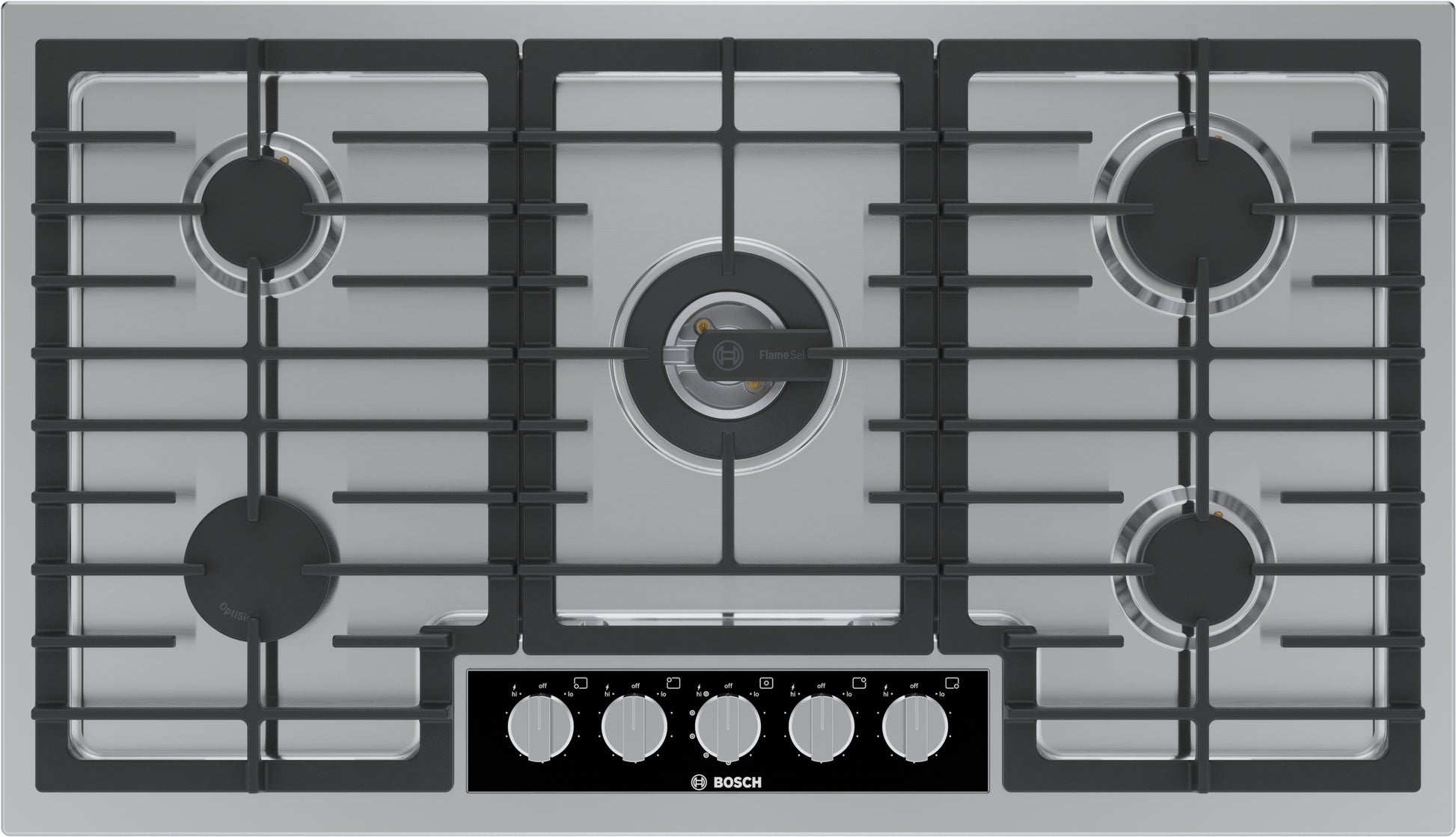 Stainless steel 36-inch gas cooktop with five burners and black cast iron grates from Bosch Appliances collection
