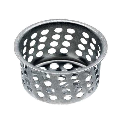Chrome finish basket strainer with perforations to prevent kitchen drain clogs in Plumbing Parts & Repair collections